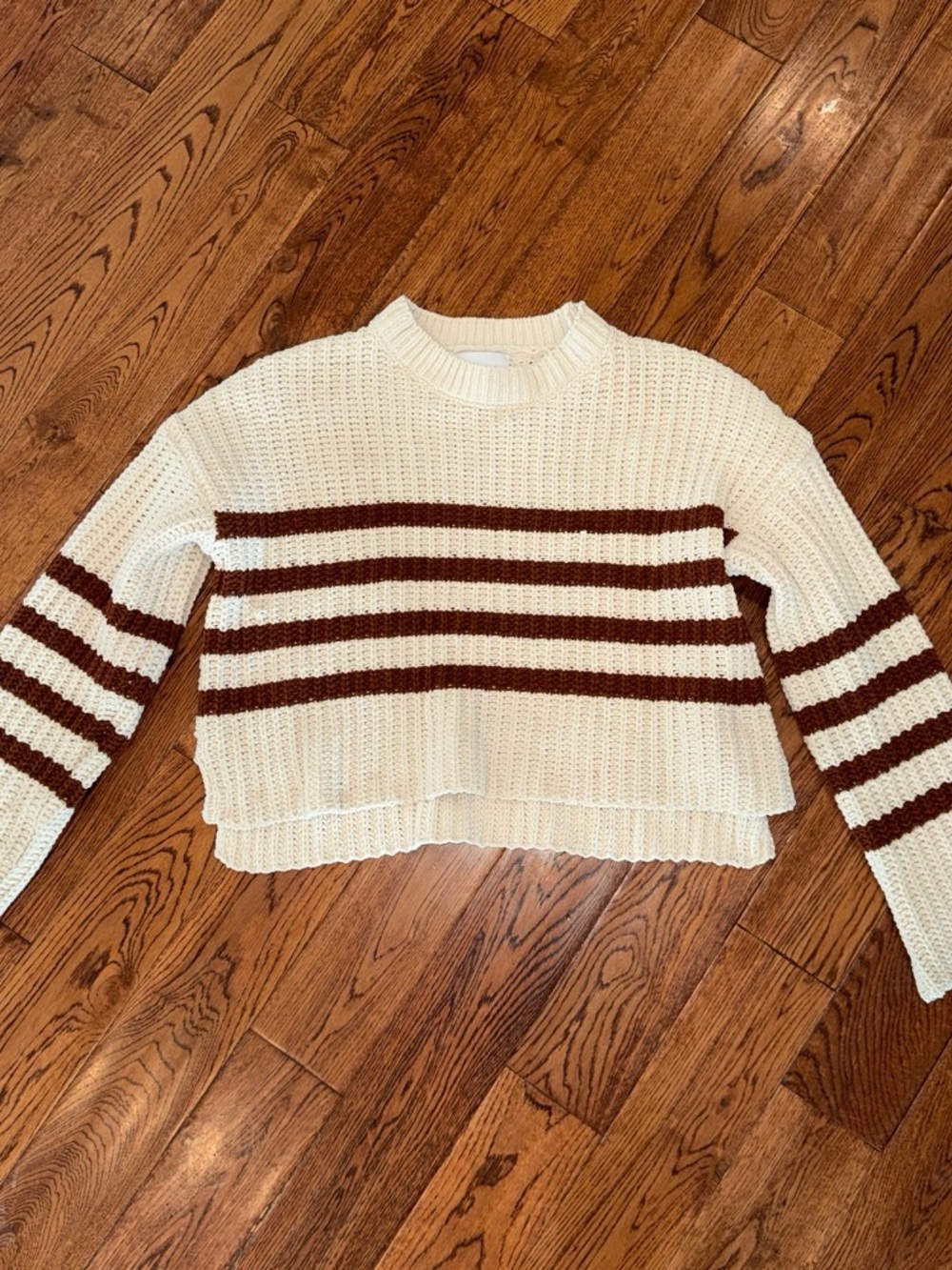 Pink Rose Cream Sweater with Brown Stripe Detail
